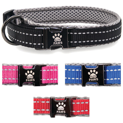  Elite Paws Dog Collar in black, blue, pink, and red colors, showcasing stylish and durable design for pets.