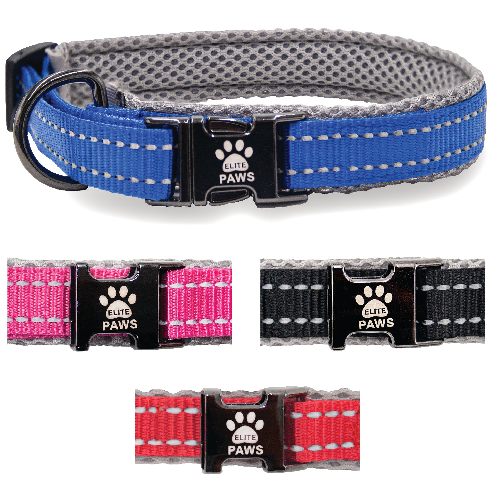  Elite Paws Dog Collar in black, blue, pink, and red colors, showcasing stylish and durable design for pets.