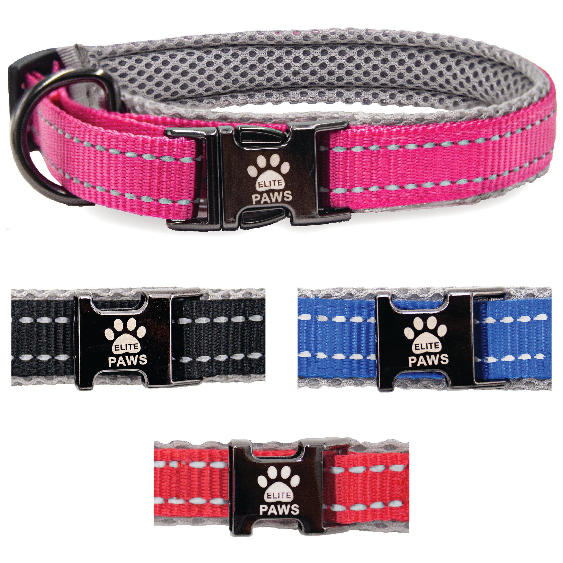  Elite Paws Dog Collar in black, blue, pink, and red colors, showcasing stylish and durable design for pets.