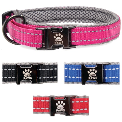  Elite Paws Dog Collar in black, blue, pink, and red colors, showcasing stylish and durable design for pets.