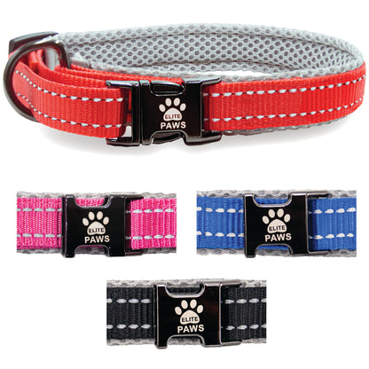  Elite Paws Dog Collar in black, blue, pink, and red colors, showcasing stylish and durable design for pets.