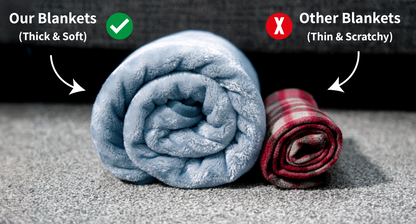 Elite Paws Luxury Dog Blanket rolled up next to an alternative blanket. The Elite Paws Blanket is visibly thicker