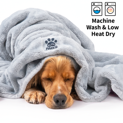 Elite Paws Luxury Dog Blanket - Incredibly Soft plush blanket wrapped around a happy dog next to a branded box.