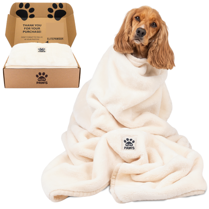 Elite Paws Luxury Dog Blanket - Incredibly Soft plush blanket wrapped around a happy dog next to a branded box.