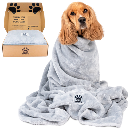 Elite Paws Luxury Dog Blanket - Incredibly Soft plush blanket wrapped around a happy dog next to a branded box.