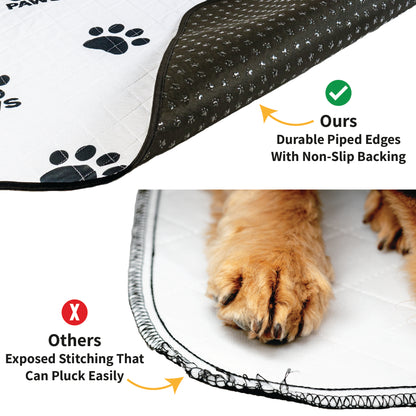Comparison of Elite Paws Washable Pee Pads with durable piped edges and non-slip backing against others with exposed stitching.