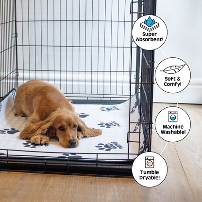 Dog resting on Elite Paws Washable Pee Pads in a crate, highlighting its super absorbent, soft, and comfy features.