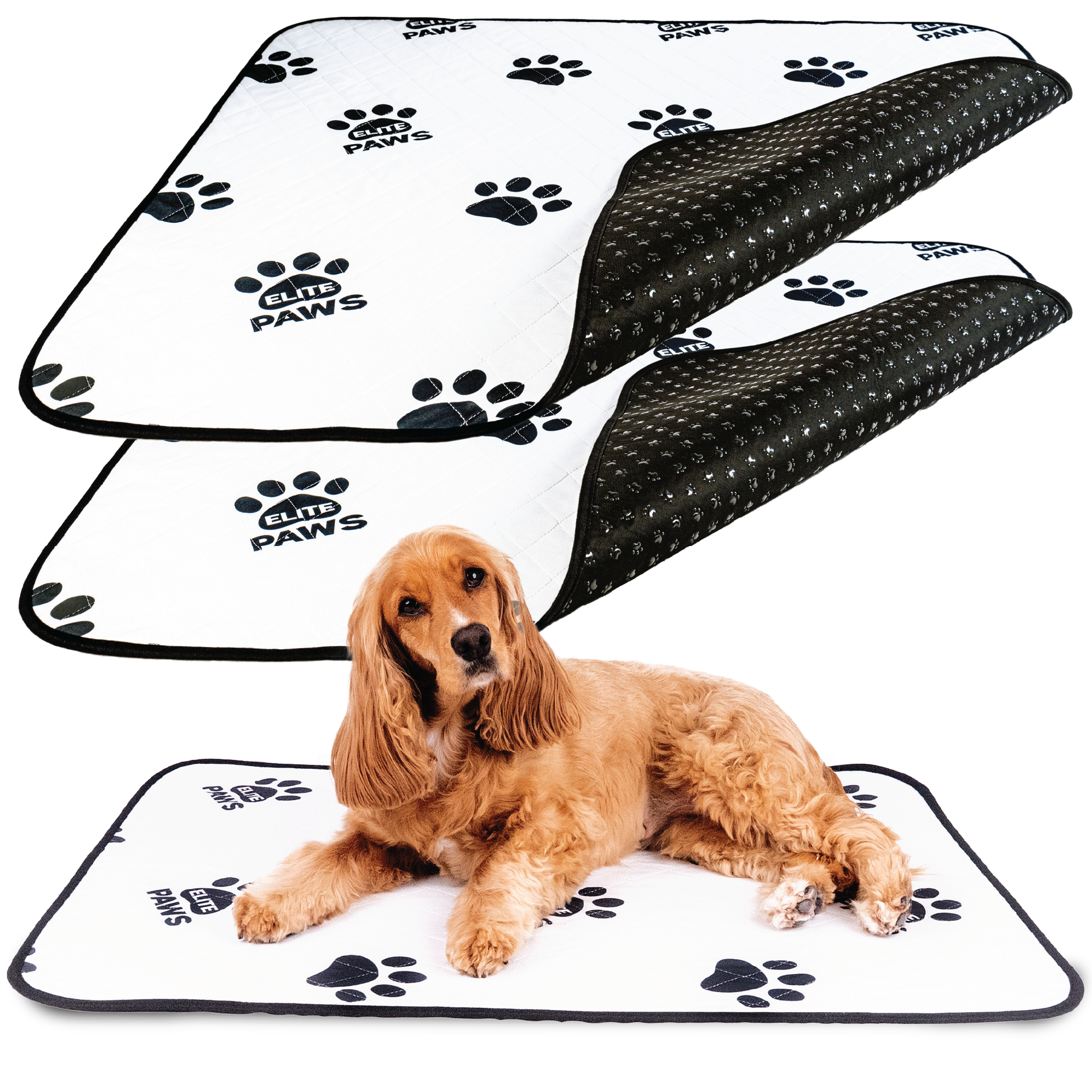 Elite Paws Reusable Pee Pads featuring two pads with paw print design, ideal for pets at any stage of life.