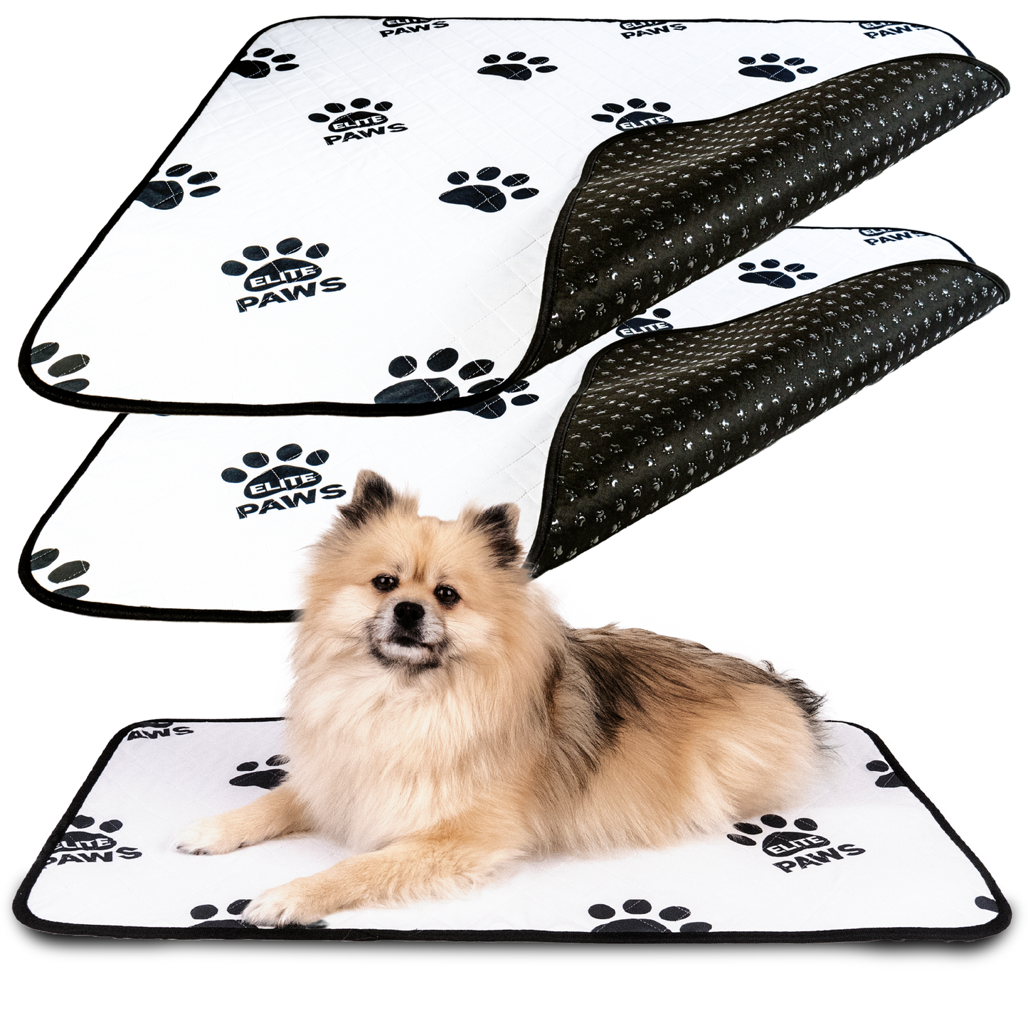 Elite Paws Reusable Pee Pads featuring two pads with paw print design, ideal for pets at any stage of life.
