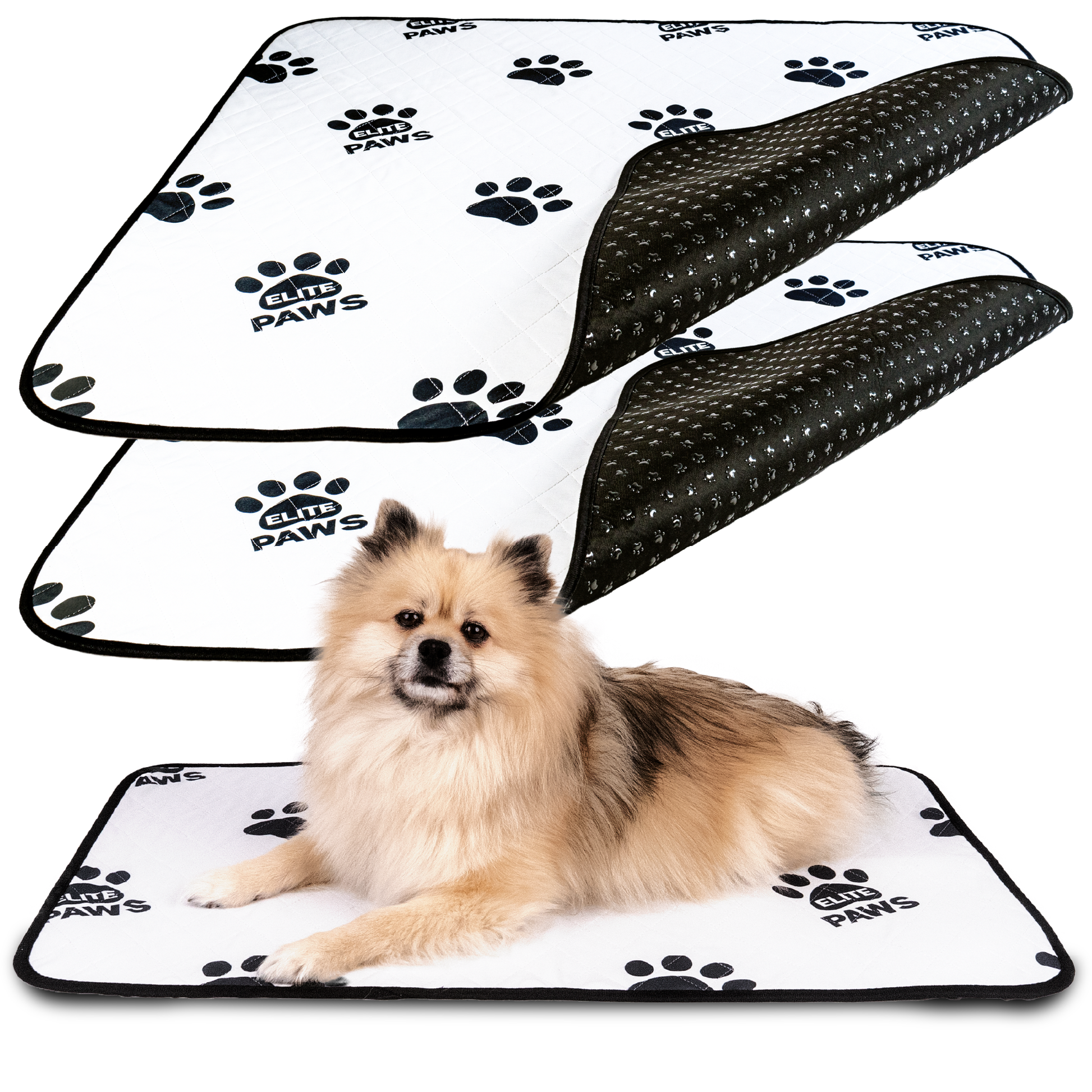 Elite Paws Reusable Pee Pads featuring two pads with paw print design, ideal for pets at any stage of life.