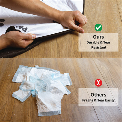 Elite Paws Reusable Pee Pads being compared to a disposable pad that rips easily