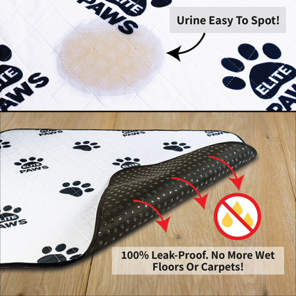Elite Paws Washable Pee Pads with visible stain, showcasing 100% leak-proof feature to keep floors clean.